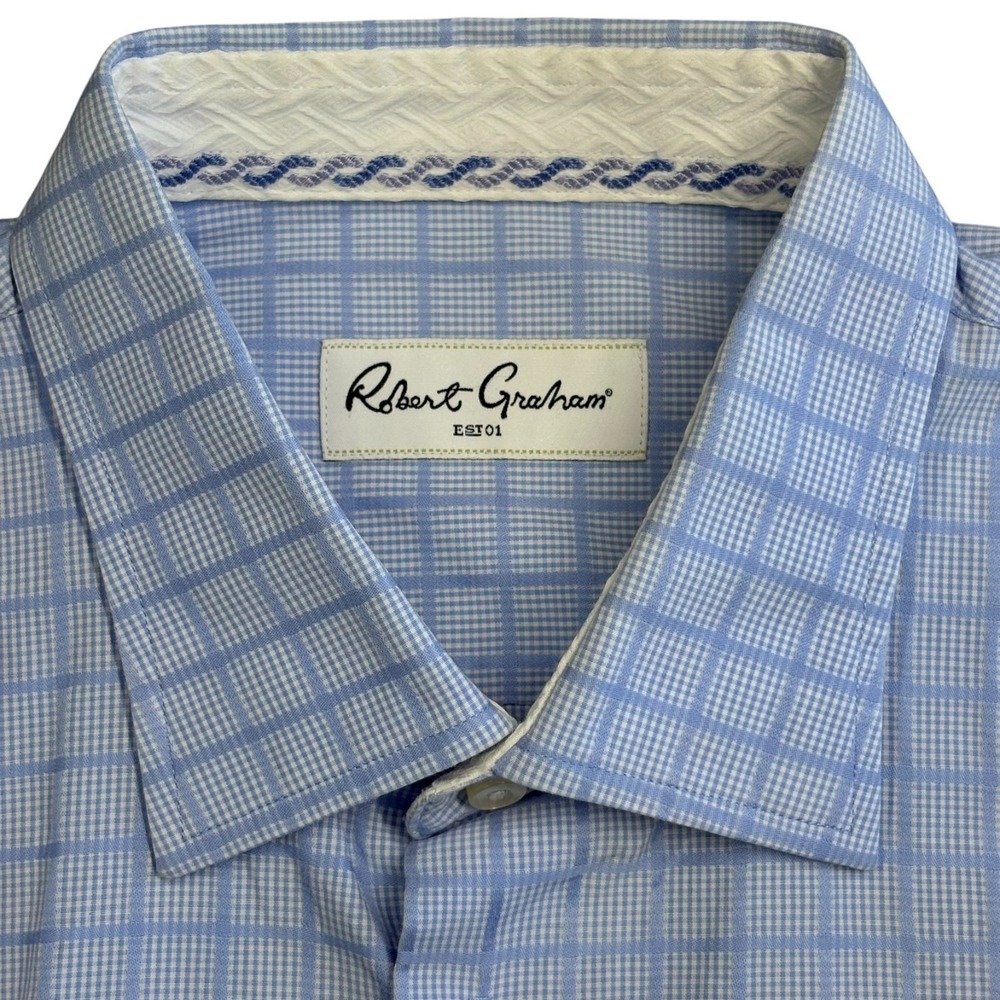Robert Graham Long Sleeve Shirt Mens XL* Light Blue Check Spread Collar Snap - Picture 3 of 14